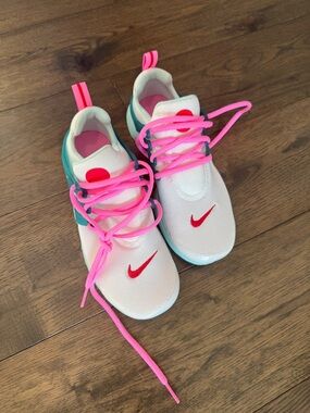 Brand New Nike Kids White Sneakers with Pink Laces and Red Swoosh